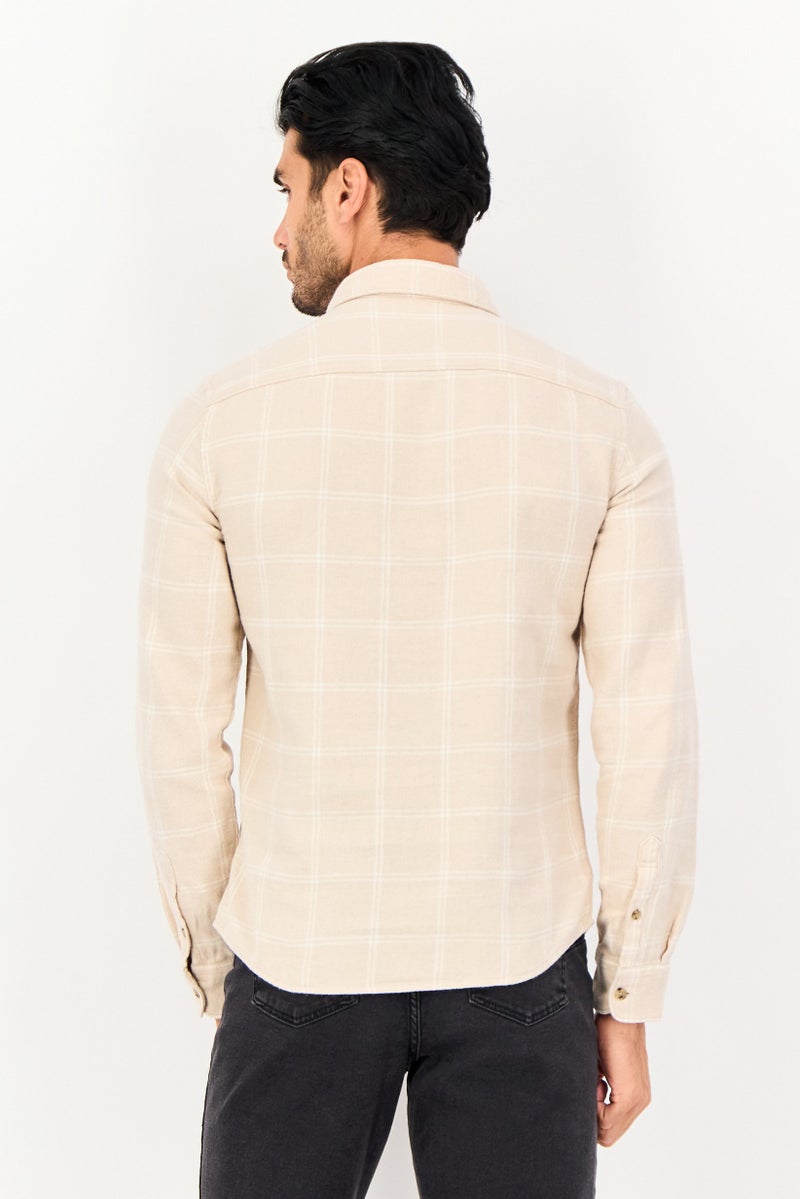 Celio Men Regular Fit Plaid Long Sleeve Causal Shirt, Beige - Image 4