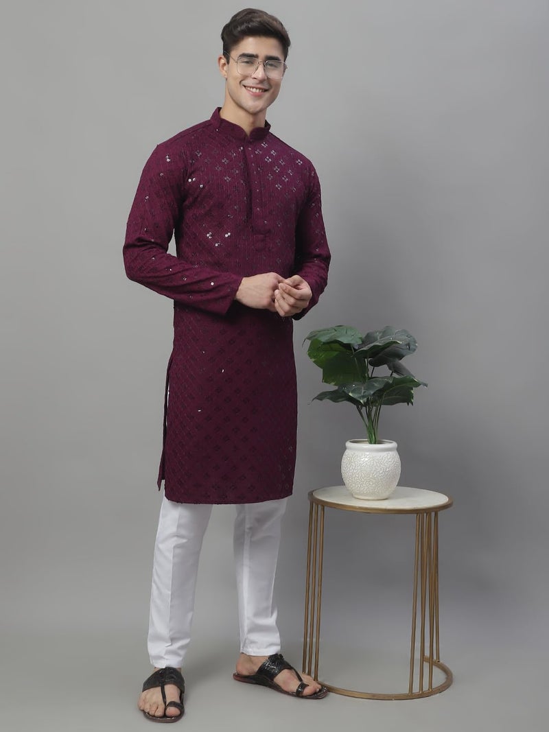 Jompers Men's Chikankari Embroidered and Sequence Kurtas Only (Purple, XL) - Image 4