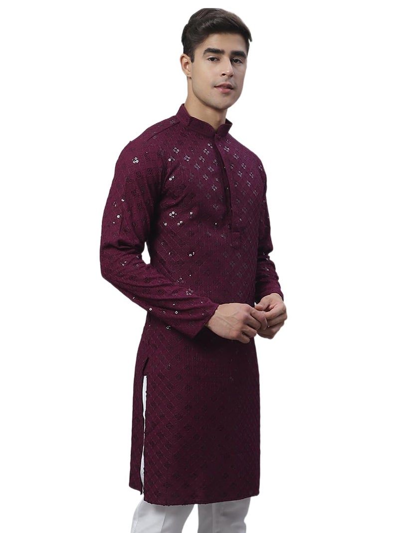 Jompers Men's Chikankari Embroidered and Sequence Kurtas Only (Purple, XL) - Image 1