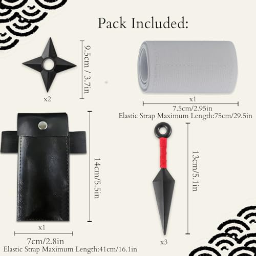 OOHGLITZ 7-Piece Anime Cosplay Kit, ABS Plastic Ninja Kunai (5.1") Throwing Stars/Shuriken(3.5") Toy Set with Pouch and Bandage for Anime Fans, Martial Arts Props Black - Image 2