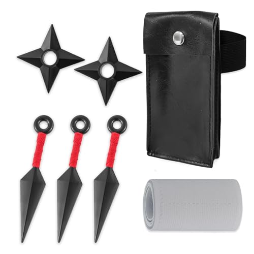 OOHGLITZ 7-Piece Anime Cosplay Kit, ABS Plastic Ninja Kunai (5.1") Throwing Stars/Shuriken(3.5") Toy Set with Pouch and Bandage for Anime Fans, Martial Arts Props Black - Image 1