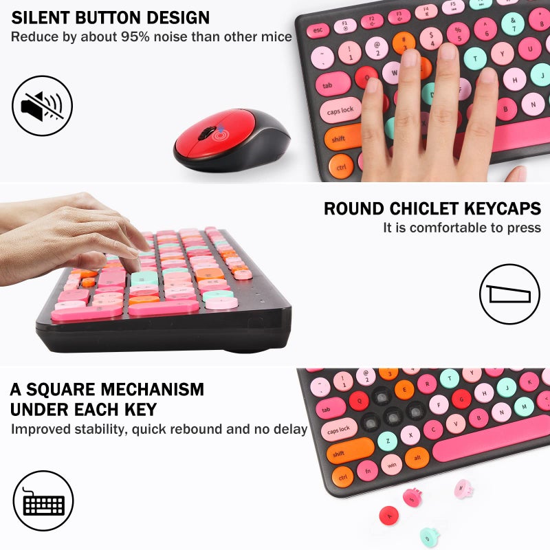 GUKJOB Wireless Keyboard and Mouse Combo, Retro Typewriter Keyboard with Round Keycaps, 2.4GHz USB Cute Wireless Keyboard Mouse for Computer, Desktop, Laptop and Computer (Black-Colorful) - Image 4
