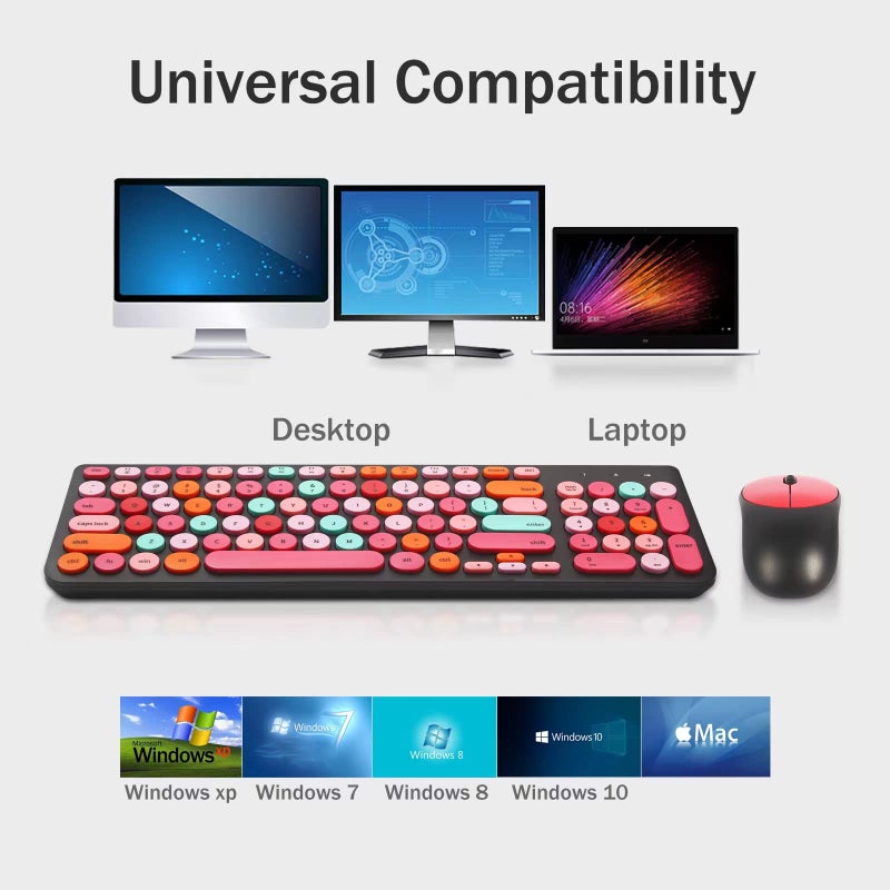 GUKJOB Wireless Keyboard and Mouse Combo, Retro Typewriter Keyboard with Round Keycaps, 2.4GHz USB Cute Wireless Keyboard Mouse for Computer, Desktop, Laptop and Computer (Black-Colorful) - Image 5