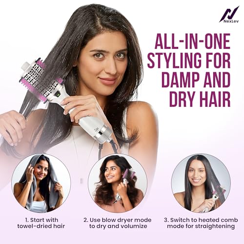 NexLev IONIC Volumizer + Straightening Brush| 1200 W| Ceramic Tourmaline Coating| Hot Air Brush| Large Barrel| Ionic Technology| Dual bristles for drying, volumizing & straightening | 360° vents| V-02 - Image 2
