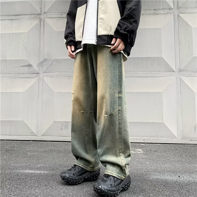 Washed distressed jeans mens autumn American retro loose wide-leg straight mop pants fried street ruffle handsome pants Picture color