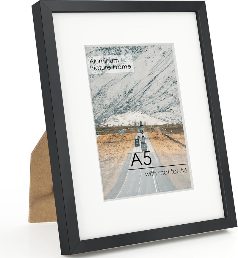 FLYJOE A5 Picture Frame Black - High-End Metal Frame for Wall, Photo Frame with Mat A6, Poster Frame 5.8x8.3, Aluminum Frame and Real Glass, Diploma, Certificates, Decor, Wall Kit, Black - Image 1