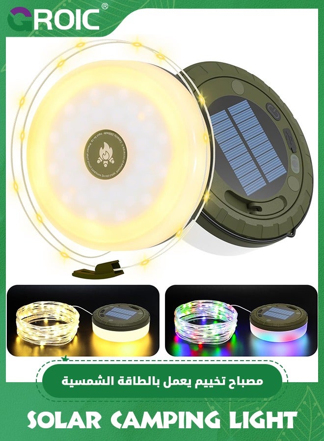 GROIC أضواء شريطية للتخييم بالطاقة الشمسية في الهواء الطلق، 2 في 1 أضواء تخييم قابلة لإعادة الشحن مع 5 أوضاع، أضواء تخييم محمولة مقاومة للماء بطول 10م، تعمل بالطاقة الشمسية وشحن USB، أضواء خيمة للتخييم والمشي في الطبيعة - Image 1