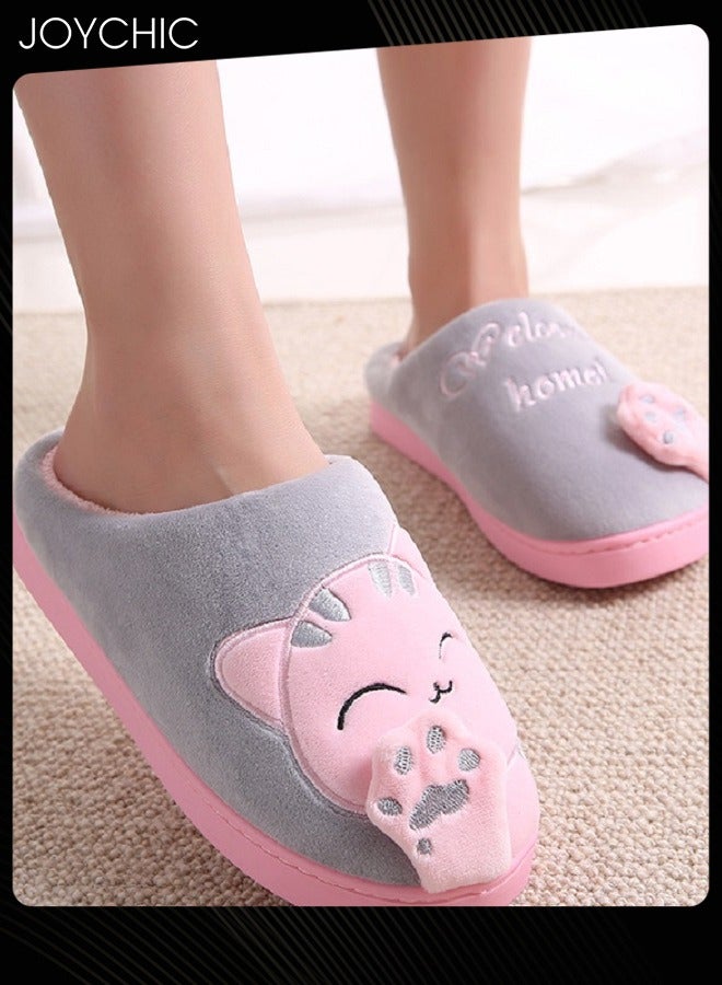 Joychic تصميم قطة رائعة خريف وشتاء دافئ مضاد للانزلاق منزلية وردي/رمادي للنساء - Image 1