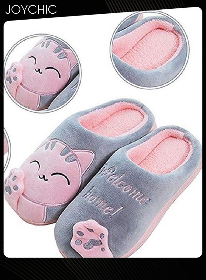 Joychic تصميم قطة رائعة خريف وشتاء دافئ مضاد للانزلاق منزلية وردي/رمادي للنساء - Image 2