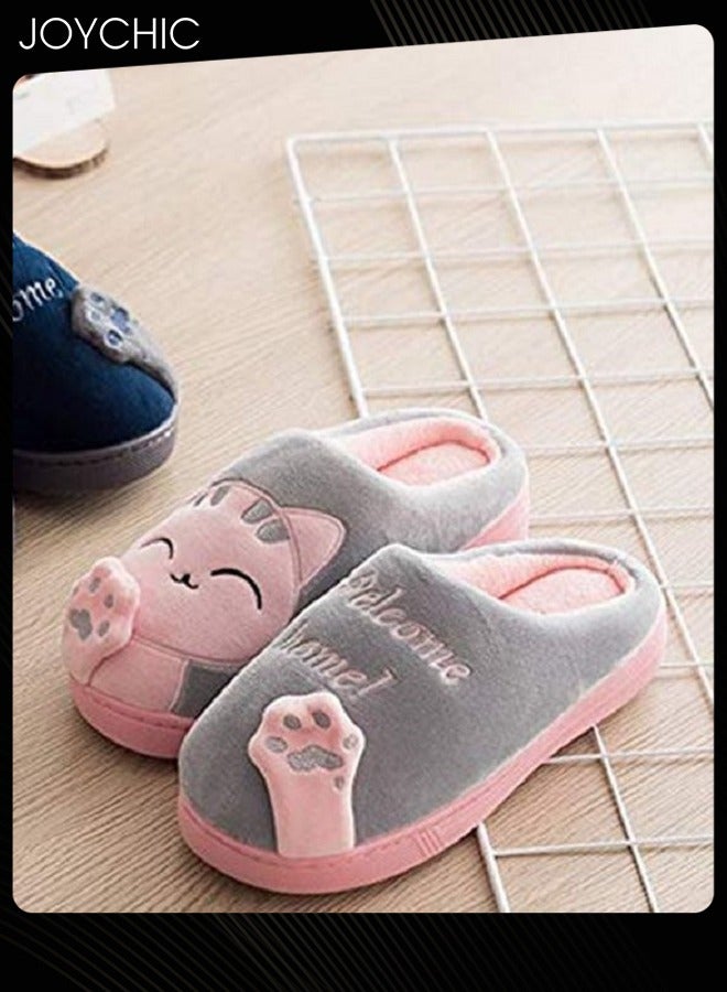 Joychic تصميم قطة رائعة خريف وشتاء دافئ مضاد للانزلاق منزلية وردي/رمادي للنساء - Image 3