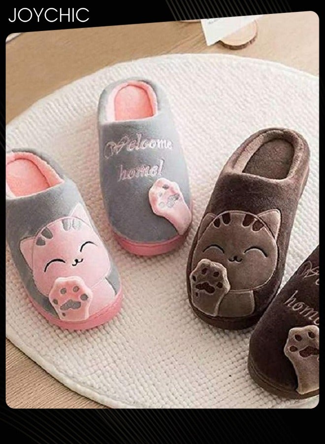 Joychic تصميم قطة رائعة خريف وشتاء دافئ مضاد للانزلاق منزلية وردي/رمادي للنساء - Image 4