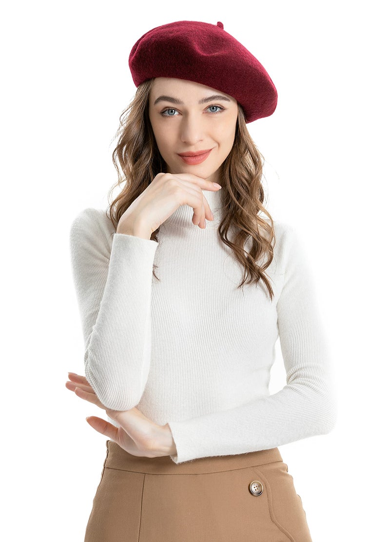 ZLYC Wool Beret Hat Classic Solid Color French Beret for Women (Burgundy) - Image 3