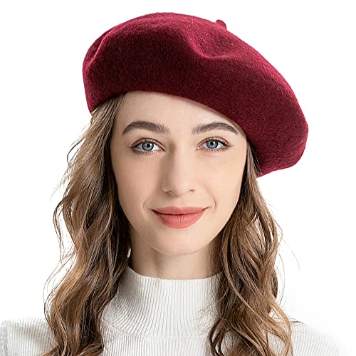 ZLYC Wool Beret Hat Classic Solid Color French Beret for Women (Burgundy) - Image 1