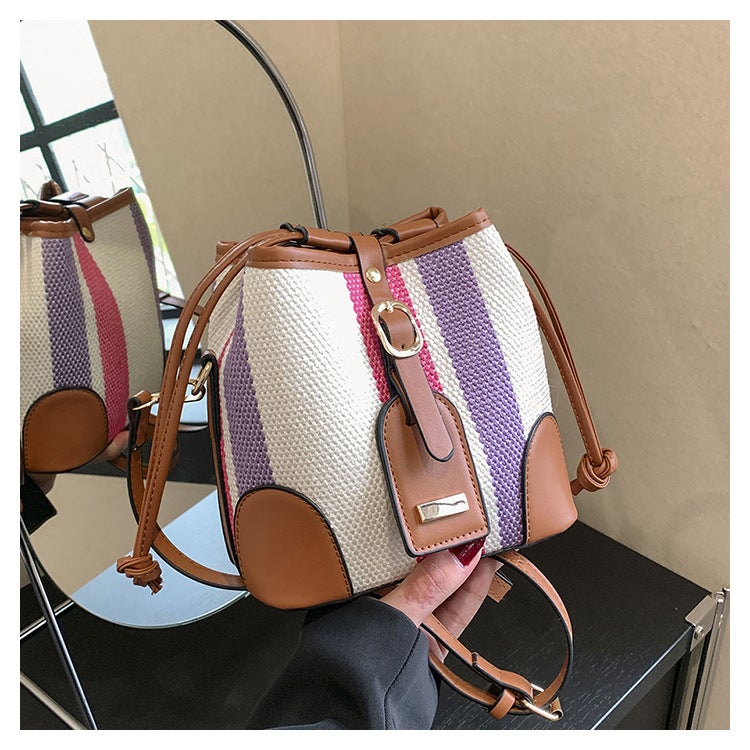 Striped Contrast Color Handheld Bucket Bag For Women 2023 Autumn New Korean Fashionable Single Shoulder Crossbody Bag - Image 1