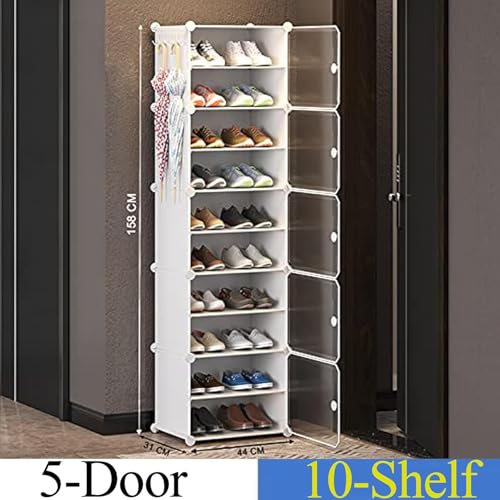 HEMOVIA Plastic Shoe Rack for Home | 10 𝐒𝐡𝐞𝐥𝐟 DIY Shoe Rack with Door for Home Storage Plastic Box Organizer, Metal Door Frame, Chappal Slipper Sandals Stand (White, 10-Shelf-5-Door) - Image 2