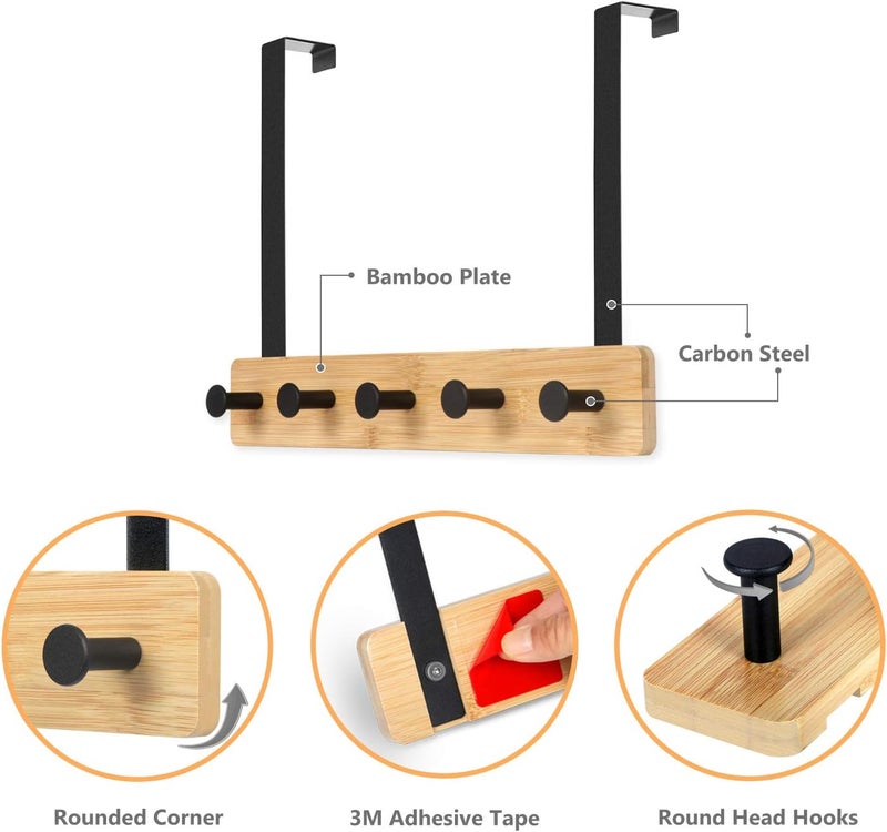JSVER Wooden Over The Door Hooks 5 Hooks Door Hanger Sturdy Heavy Duty Coat Rack for Bag Coat Towel Hat Robes Scarves Bedroom Closet Bathroom - Image 4