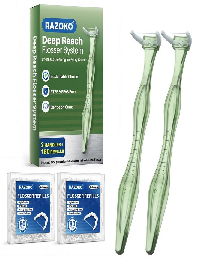 رزوكو نظام تنظيف الأسنان بالخيط RAZOKO Deep Reach – 160 رأس إعادة تعبئة + مقبضان طويلان قابلان لإعادة الاستخدام، خالٍ من مركبات PFAS ومقاوم للتمزق للوصول إلى المناطق الصعبة، أخضر اللون - Image 1