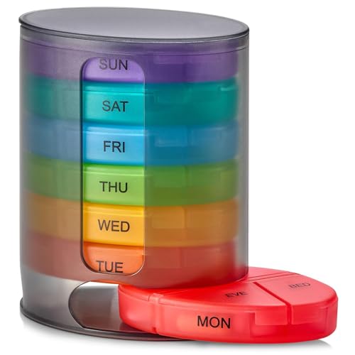 MEDca Weekly Pill Organizer 1 Dispenser 7 Stackable MultiColor Compartments Four TimesaDay Morning Noon Evening and Bedtime Black