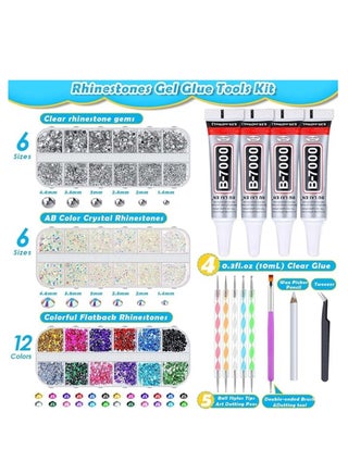 6 Sizes Rhinestones Bedazzling Kit for Crafts with Jewelry Glue, Rhinestones with Gems Adhesive for Shoes Cloth Fabric for Crafting Diamond Nail Art Graduation Cap Decorations (1.4-4.6MM) - view 2