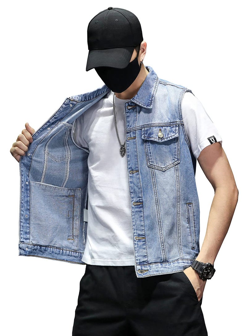 DAVID.ANN Mens Denim Vest Jacket Sleeveless Trucker Jean Jacket,Light Blue,Medium - Image 4