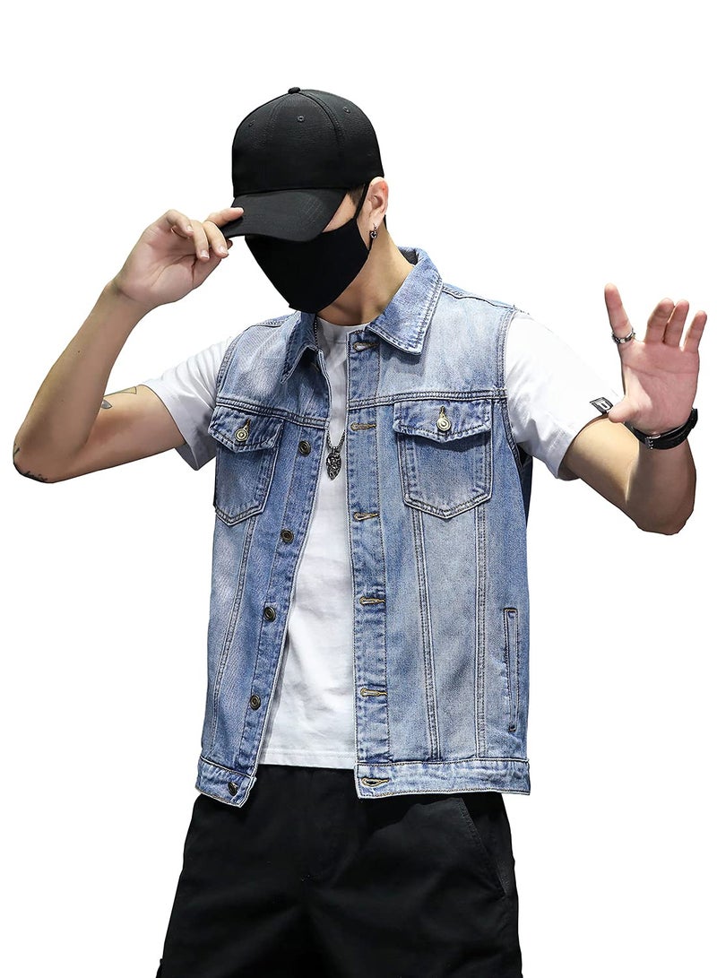 DAVID.ANN Mens Denim Vest Jacket Sleeveless Trucker Jean Jacket,Light Blue,Medium - Image 5