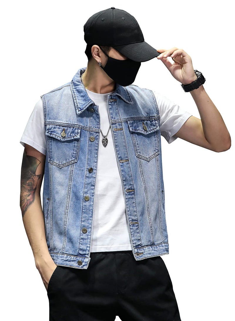 DAVID.ANN Mens Denim Vest Jacket Sleeveless Trucker Jean Jacket,Light Blue,Medium - Image 3