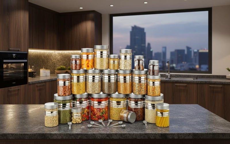 HomeAra 24-Piece Plastic Storage Jar Set | Airtight Food Containers with Spoons | Multi-Size Pantry Organiser 250ml to 1200ml | Silver Line Print | Improved Model - Image 5