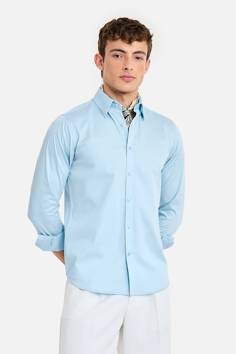 سنيتش Sky Blue Solid Long Sleeve Slim Fit Formal Shirt