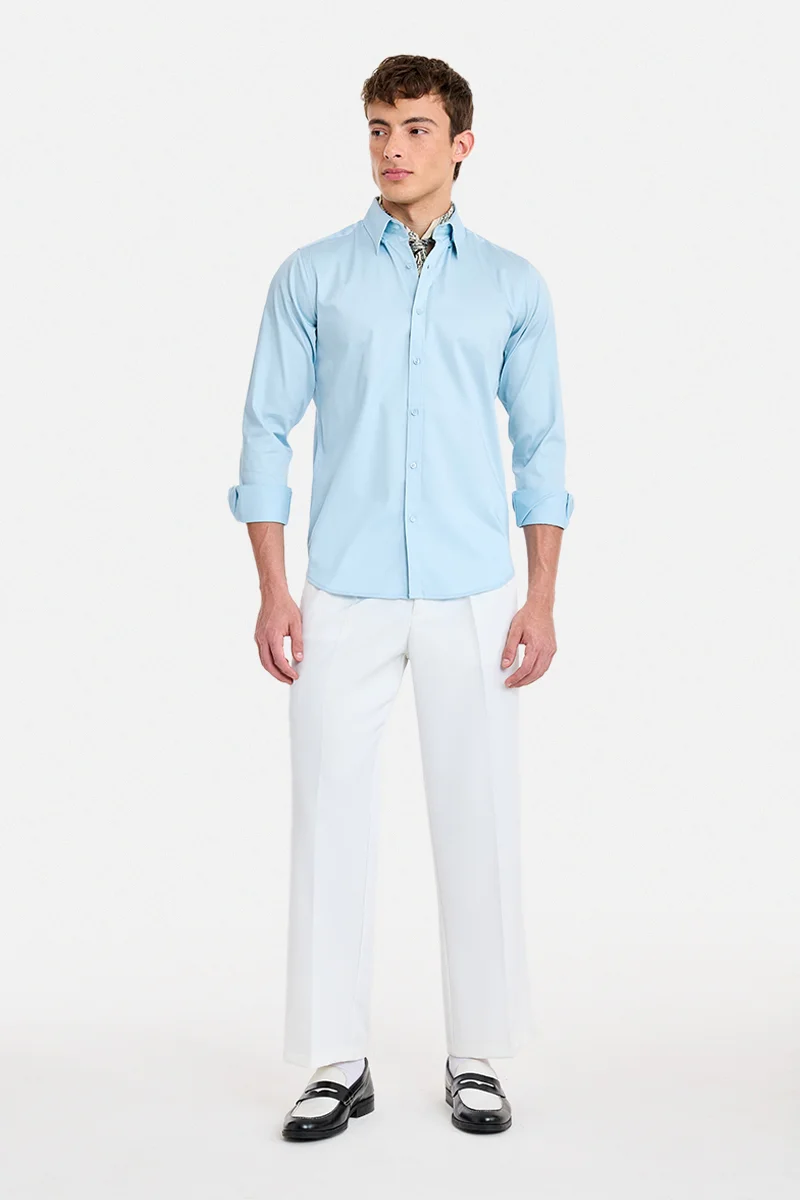 سنيتش Sky Blue Solid Long Sleeve Slim Fit Formal Shirt