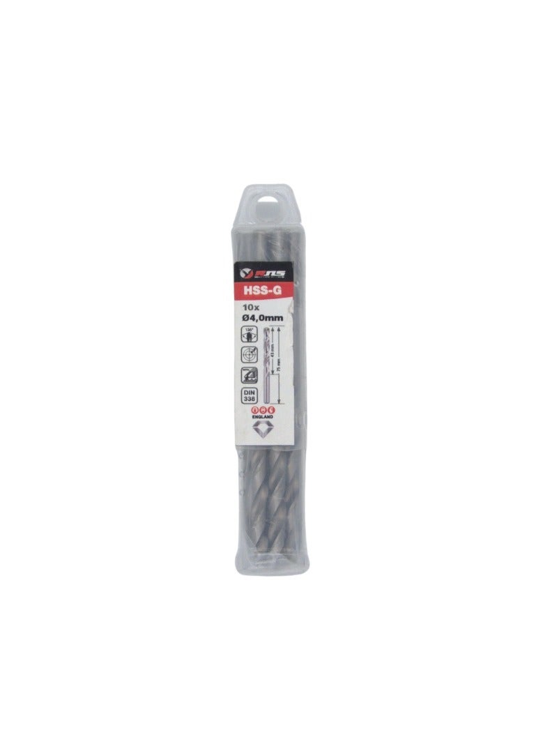 RNS HSS-G TWIST DRILL BIT 4.0 MM, Pack of 10 High Speed Steel Ground Metal Drill Bit for Steel, Alloy, Fabrication and Industrial Use - Image 1
