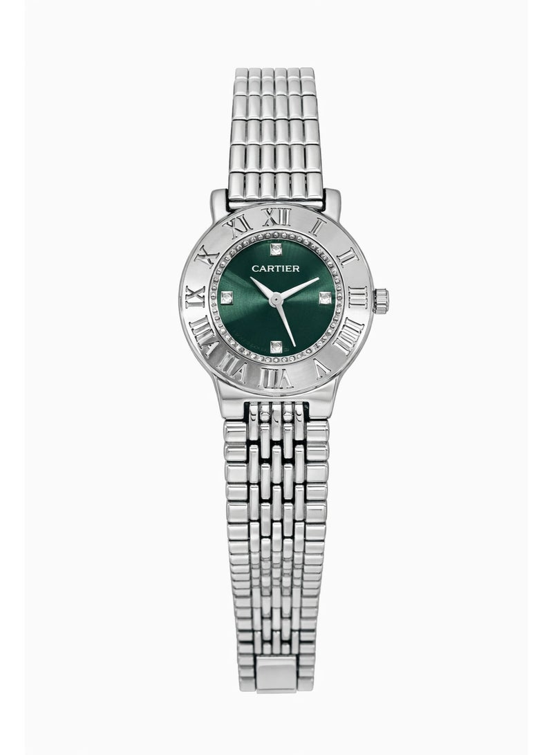 ساعة كارتييه حريمي ستانلس ستيل – سوار فضي مع ميناء أخضر