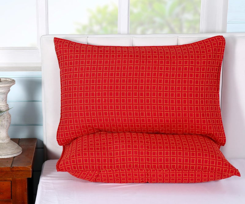RANGBHAR Handloom Pillow Covers, Set of 2 Cotton Pillow Covers, Checkered/Box Pattern, 18 x 27 inch - Red Box - Image 2