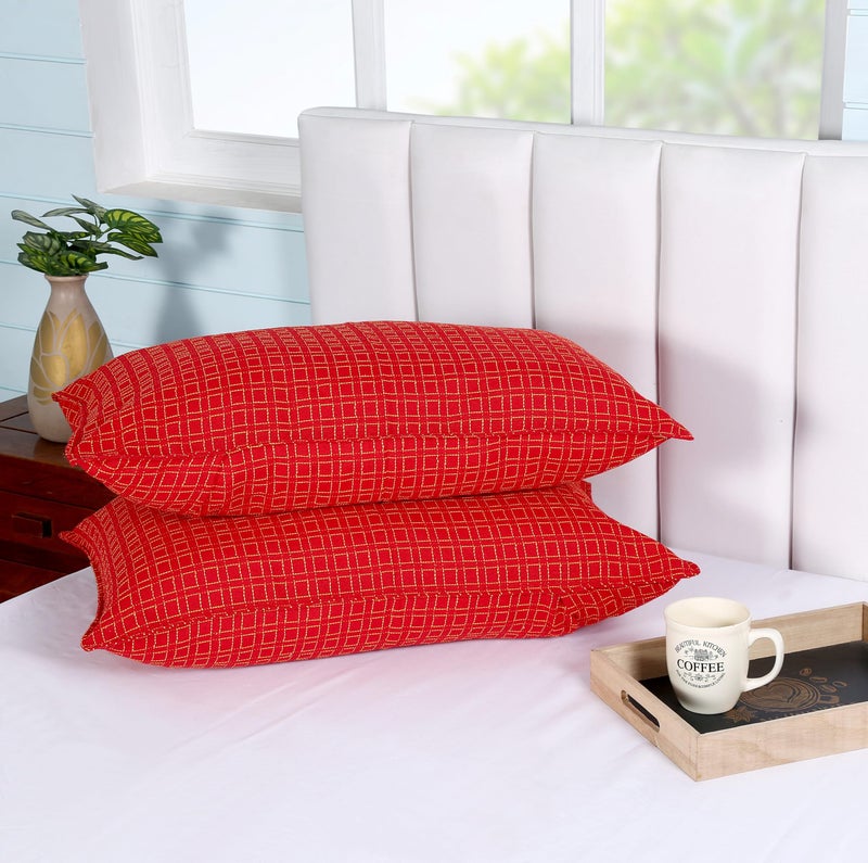 RANGBHAR Handloom Pillow Covers, Set of 2 Cotton Pillow Covers, Checkered/Box Pattern, 18 x 27 inch - Red Box - Image 1