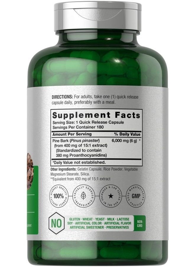 Horbäach Pine Bark Extract | 6000 mg | 180 Capsules | Standardized to Contain 380 mg Proanthocyanidins | Non-GMO, Gluten Free Supplement | High Potency Extract Formula | by Horbaach  - Image 1