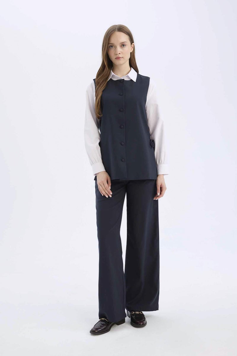 DeFacto Blue Woman Wide Leg Elastic Waist Laced Basic Trousers Casual - Image 3