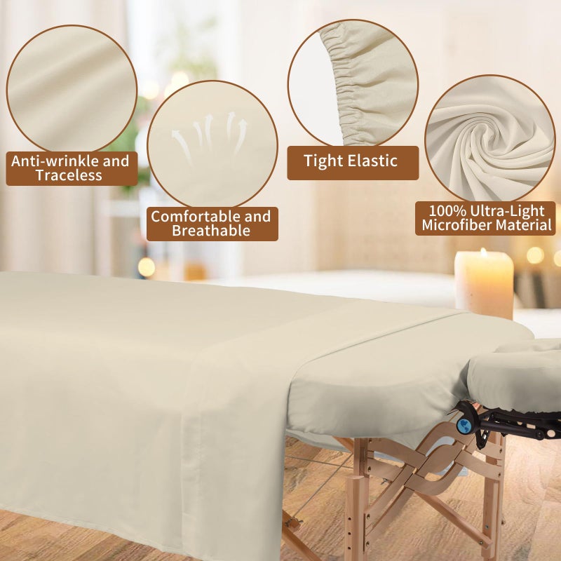 FUNLIYING 4 Sets Premium Microfiber Massage Table Sheets Set 3 Piece Set Includes Massage Table Cover Fitted Sheet and Fitted Face Rest Cover, Beige - Image 3