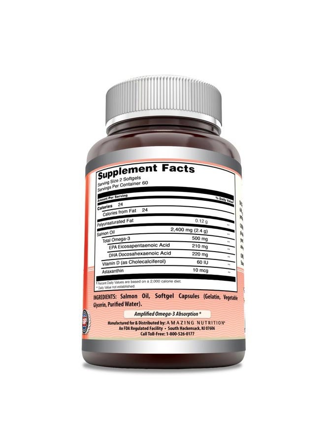 Amazing Nutrition Amazing Omega Wild Alaskan Salmon Oil (Omega-3, EPA/DHA) Supplement | 2400 Mg Per Serving | 120 Softgels | Non-GMO | Gluten-Free | Made in USA  - Image 2