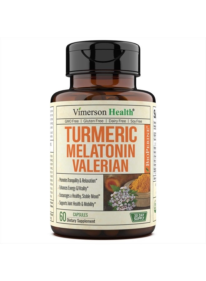 Vimerson Health Turmeric & Melatonin Sleep Aid Supplement with Valerian Root, Tumeric Extract, L-Theanine, Ginger & Black Pepper Extract (Bioperine) - 95% Curcuminoids - Relaxation, Immune & Joint Support Supplement - Image 1