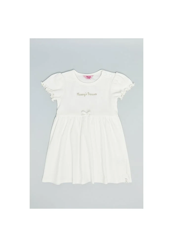 أر أند بي Embroidery Detail Flared Dress with Crew Neck and Puff Sleeves