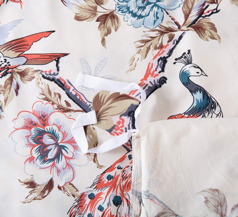 Eikei Oriental Garden Majestic Peacock Bird Floral Duvet Cover Chinoiserie Chic Asian Style Blooming Trees Vines and Branches Long Staple Cotton 3pc Bedding Set (Creamy White, Queen) - Image 3