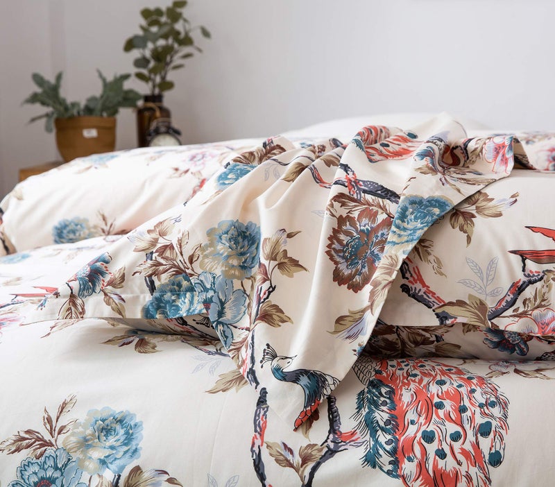 Eikei Oriental Garden Majestic Peacock Bird Floral Duvet Cover Chinoiserie Chic Asian Style Blooming Trees Vines and Branches Long Staple Cotton 3pc Bedding Set (Creamy White, Queen) - Image 2