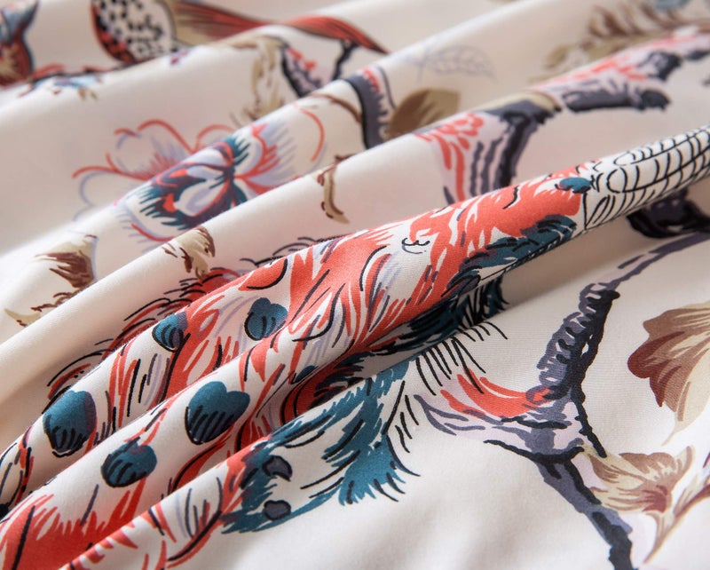 Eikei Oriental Garden Majestic Peacock Bird Floral Duvet Cover Chinoiserie Chic Asian Style Blooming Trees Vines and Branches Long Staple Cotton 3pc Bedding Set (Creamy White, Queen) - Image 4