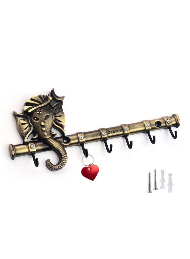 Zeetab Diamond Ganesha Key Holder & Hanger | Metal Lord Ganpati Key Stand with 6 Hook Wall Mount | Home Decor Housewarming Gift (Antique Brass) - Image 1