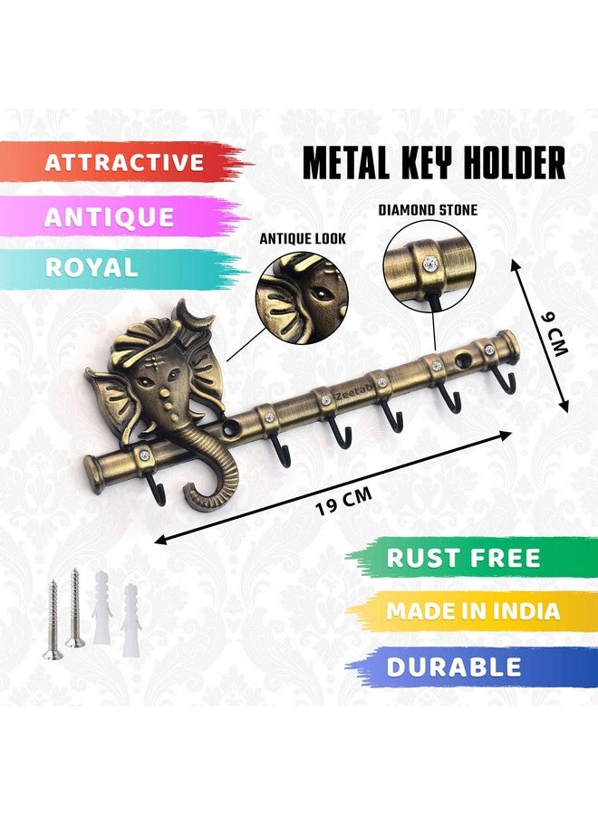 Zeetab Diamond Ganesha Key Holder & Hanger | Metal Lord Ganpati Key Stand with 6 Hook Wall Mount | Home Decor Housewarming Gift (Antique Brass) - Image 2