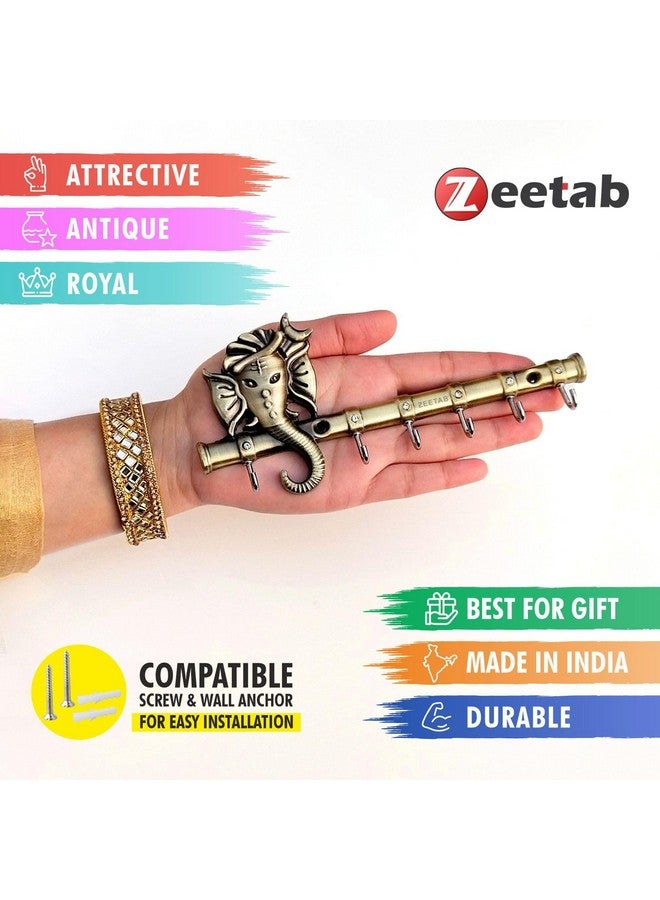Zeetab Diamond Ganesha Key Holder & Hanger | Metal Lord Ganpati Key Stand with 6 Hook Wall Mount | Home Decor Housewarming Gift (Antique Brass) - Image 4