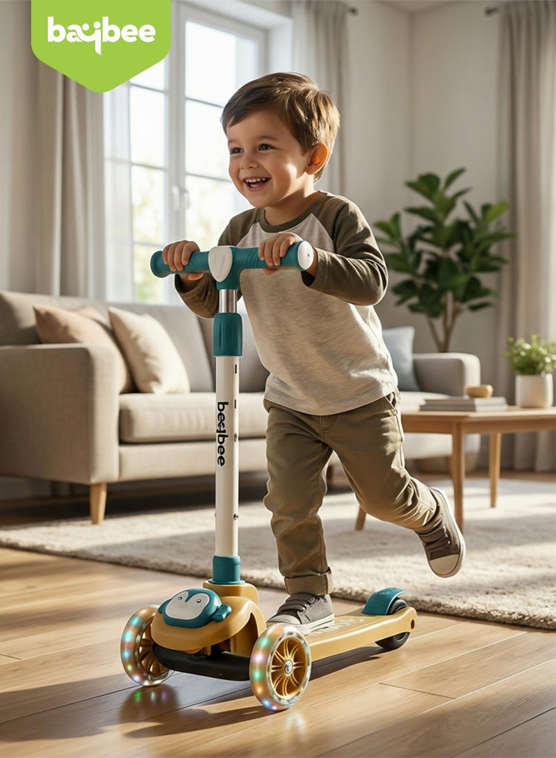 BAYBEE Penguin Kick Scooter for Kids | 3 Wheel Kids Scooter with 3 Height Adjustable, LED Lights & Music | Skate Scooters Upto 50Kgs Weight Capacity | Runner Scooters for Kid 2 to 10 Years Dark Yellow - Image 2