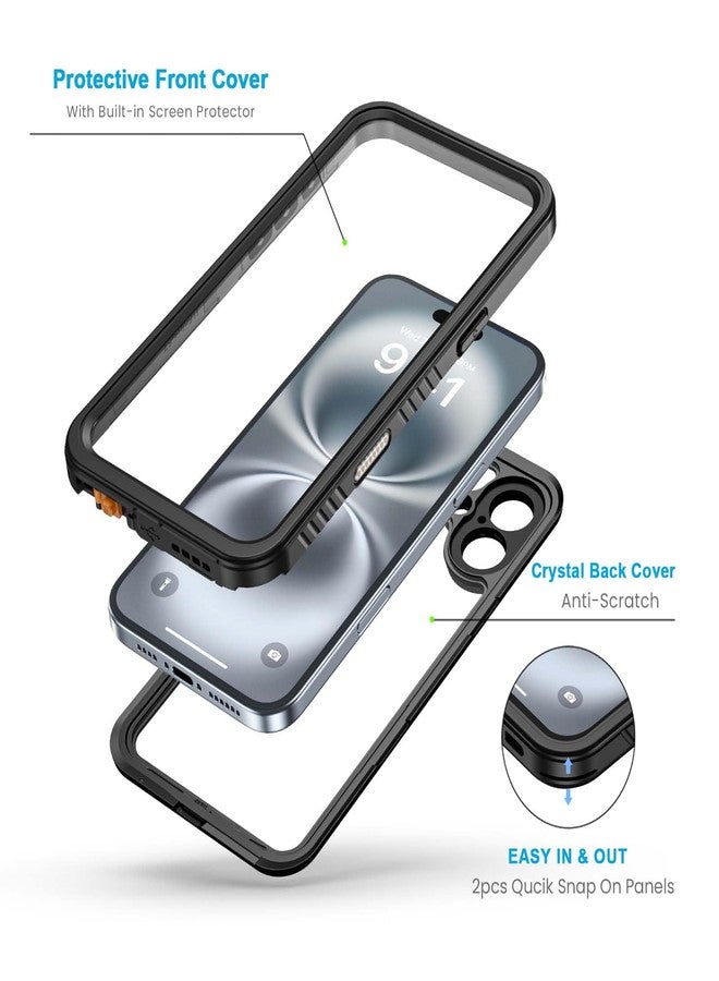 جراب Lanhiem لهاتف iPhone 16 Plus، جرابات مقاومة للماء والغبار والصدمات IP68 مع واقي شاشة مدمج، غطاء هاتف قوي 360 كامل الجسم لهاتف iPhone 16 Plus - 6.7 بوصة (أسود/شفاف) - Image 3