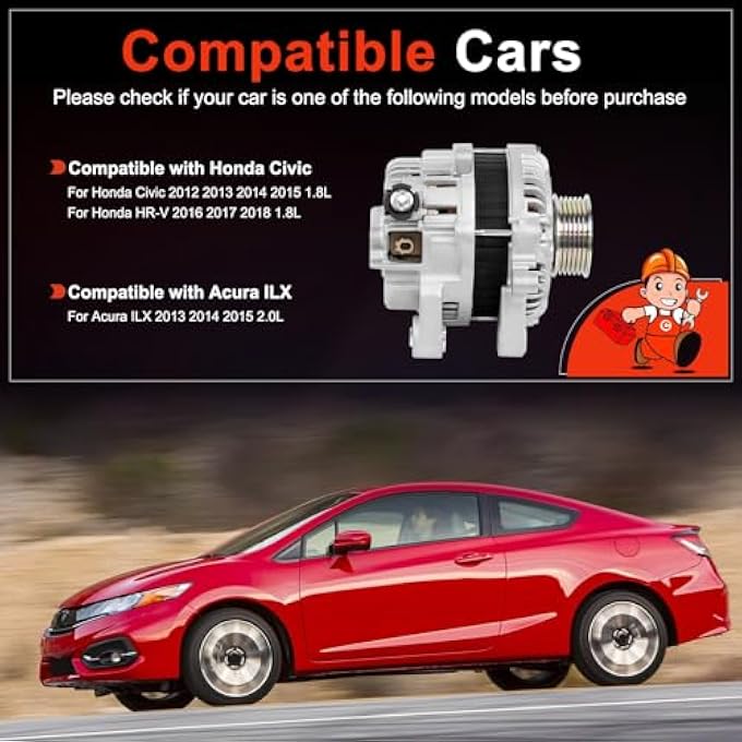 QKVCX 95A 31100R1AA01 Alternator Compatible with for Honda Civic 2012-2015 1.8L, for HR-V 2016-2018 for Acura ILX 2013 2014 2015, 6-Groove Pulley Clockwise - Image 4