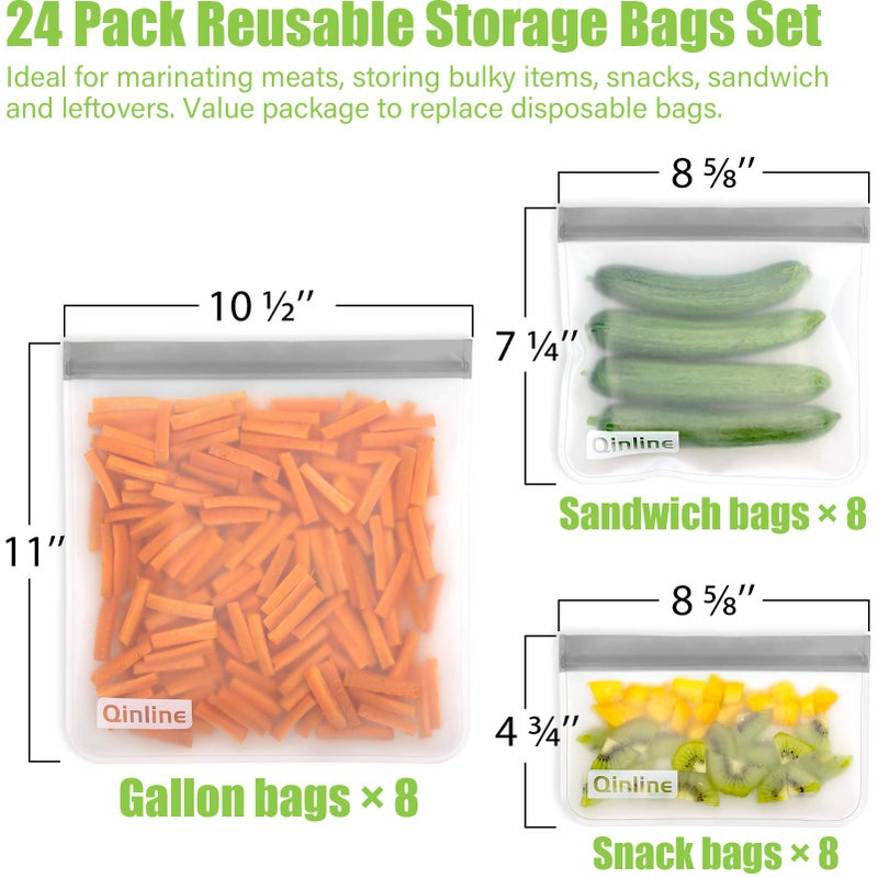 Qinline Reusable Food Storage Bags - 24 Pack Freezer Bag, Reusable Bags Silicone, Extra Thick Leakproof Lunch Bag - Image 3