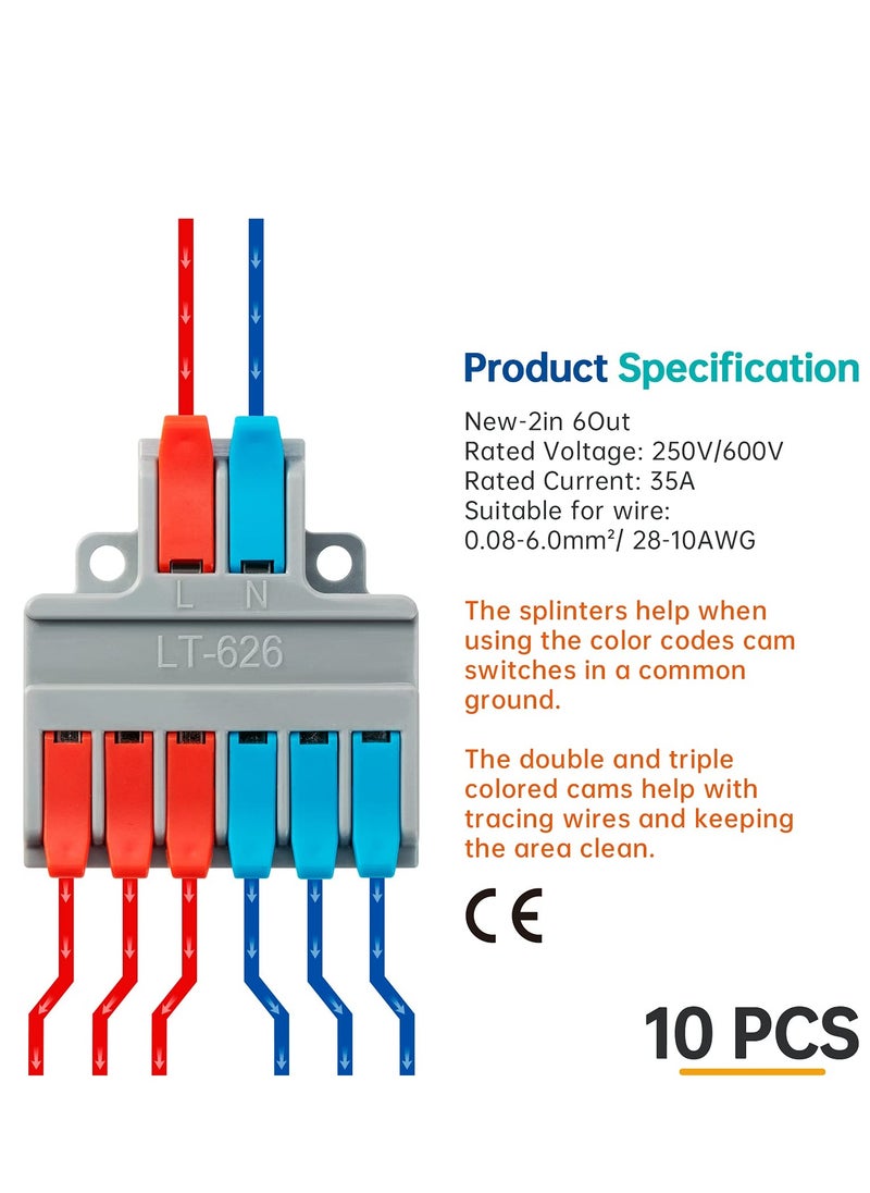 Generic - Lever Wire Nuts Wire Connectors, 10Pcs Compact Splicing Connector Push-in Conductor Terminal Blocks (New- 2 in 6 Out) - Image 1